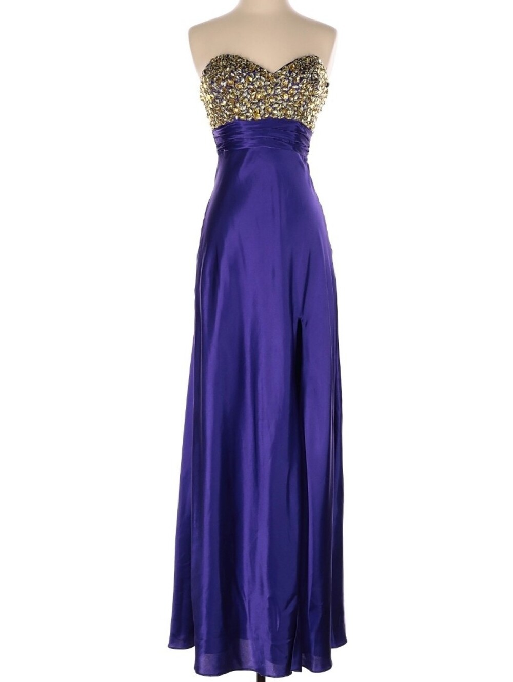 La Femme Purple Satin Strapless Gown with Gold Beaded Bodice (US 2)